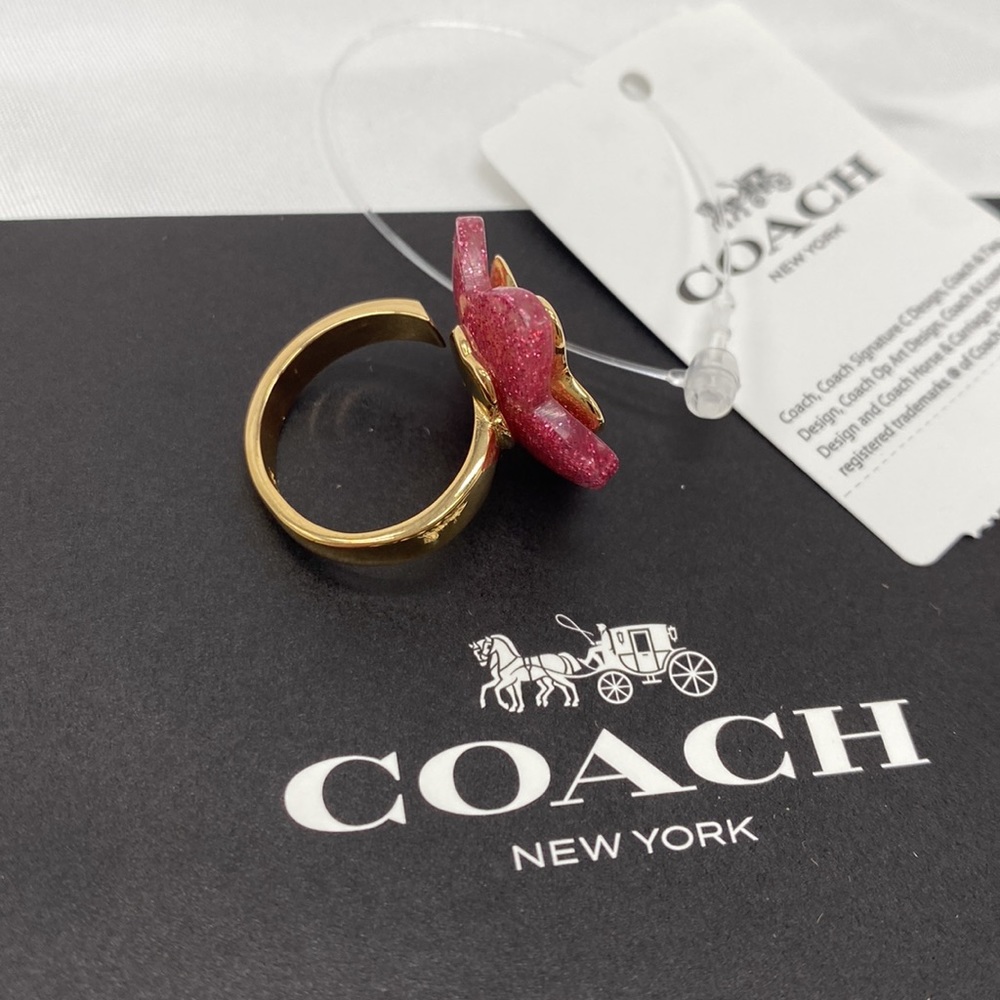 Coach Tea Rose Pink Resin Glitter Gold Plated 14k adjustable Pearl Accent Ring - Picture 3 of 8
